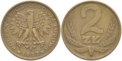 ПОЛЬША 2 ЗЛОТЫХ 1977 KM 80.1 латунь 73-659