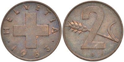 Швейцария 2 раппена 1963 В KM 47 бронза 4586-713
