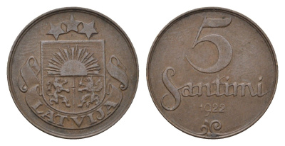 Латвия 5 сантимов 1922 KM 3 бронза 4689-961