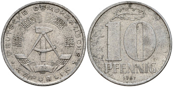 ГДР 10 пфеннигов 1967 A KM 10 алюминий 27-525