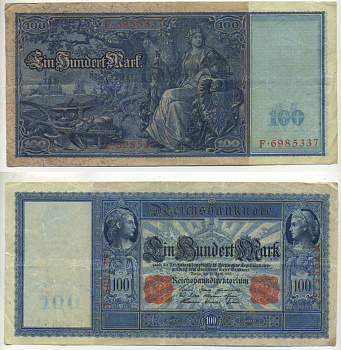 ГЕРМАНИЯ 100 МАРОК 1910 21 АПРЕЛЯ 1910, КРАСНАЯ СЕРИЯ Pick 42 бумага 7523-26-1