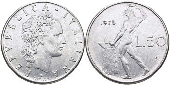 ИТАЛИЯ 50 ЛИР 1978 R, БОГ ОГНЯ ВУЛКАН У НАКОВАЛЬНИ KM 95.1 нержавеющая сталь 34-917
