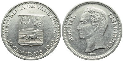 Венесуэла 50 сентимо 1965 Симон Боливар KM 41, Schon 51 никель 4392-1011