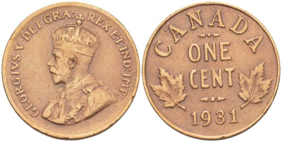 Канада 1 цент 1931 Георг V (1910-1936) KM 28 бронза 206-237
