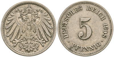 Германия 5 пфеннигов 1908 A KM 11, Jager 12, Weege 6 медно-никель 4364-4554