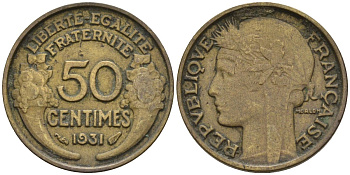 Франция 50 сантимов 1931 KM 894.1, Le Franc 192.15 алюминиевая бронза 4596-729