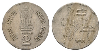 Индия 2 рупии 1998 Отметка монетного двора - ромб - Мумбаи KM 121.3 медно-никель 4624-1134