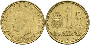 Испания 1 песета 1980 (81) чемпионат мира по футболу 1982 года в Испании, Хуан Карлос I (1975 - 2014) KM 816 алюминиевая бронза 4155-453