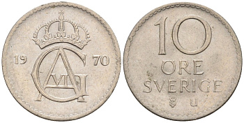 Швеция 10 эре 1970 Густав VI Адольф (1950-1973) KM 835 медно-никель UNC 4585-411