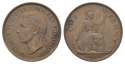 Великобритания 1 пенни 1940 Георг VI (1936-1952) KM 845, Spink 4114 бронза 4661-816