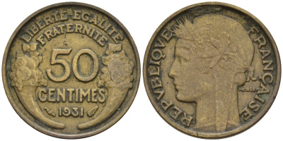 Франция 50 сантимов 1931 KM 894.1, Le Franc 192.15 алюминиевая бронза 4596-729
