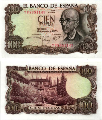 Испания 100 песет 1970 Мануэль де Фалья, летняя резиденция Мавританских королей в Гренаде Pick 152а  бумага UNC (пресс) 7148-3-1-1