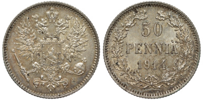 Россия для Финляндии 50 пенни 1914 S, Николай II (1894-1917) КМ 2.2, Биткин 405 серебро 75-917
