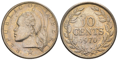 Либерия 10 центов 1970  KM 15a.2 медно-никель  UNC  220-1133
