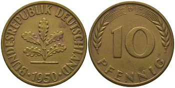 ФРГ 10 пфеннигов 1950 D KM 108 сталь плакированная латунью 4571-312