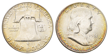 США 1/2 доллара (50 центов) 1951 S, Бенджамин Франклин, колокол KM 199 серебро aUNC 3711-2144