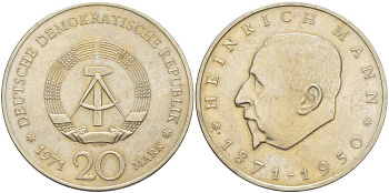 ГДР 20 марок 1971 А, 100 лет со дня рождения Генриха Манна (1871-1950) KM 33, J. 1531 медно-никель 4521-545
