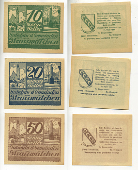 АВСТРИЯ НАБОР ИЗ 3 БАНКНОТ 1920 24 АПРЕЛЯ 1920, НОТГЕЛЬД, 10, 20, 50 ГЕЛЛЕРОВ, STRASSWALCHEN бумага XF 7207-29-3