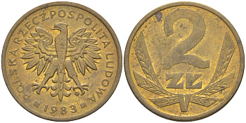 ПОЛЬША 2 ЗЛОТЫХ 1983 MW KM 80.1 латунь 187-949