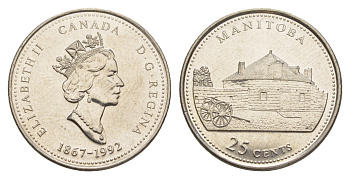 Канада 25 центов 1992 125 лет Конфедерации Канада - Манитоба KM 214 никель UNC 4637-911