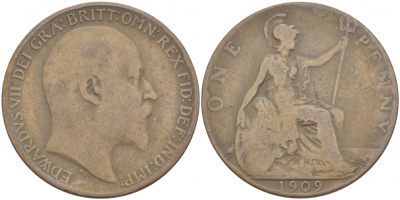 Великобритания 1 пенни 1909 Эдуард VII (1901-1910) KM 794.2, Spink 3990 бронза 215-244