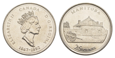 Канада 25 центов 1992 125 лет Конфедерации Канада - Манитоба KM 214 никель UNC 4637-911