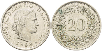 Швейцария 20 раппенов 1968 В KM 29а медно-никель 4511-944