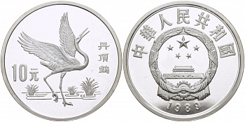 КИТАЙ 10 ЮАНЕЙ 1989 ЖУРАВЛЬ KM 253 серебро PROOF 02-090-14