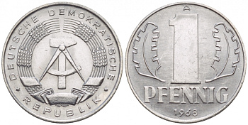 ГДР 1 ПФЕННИГ 1968 А KM 8.1 алюминий UNC 4547-962