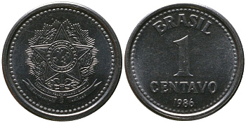 Бразилия 1 сентаво 1986 KM 600, Schon 109 нержавеющая сталь aUNC 4567-951