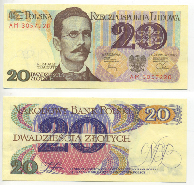Польша 20 злотых 1982 Ромуальд Траугутт, в серии 2 буквы Pick 149 a (2) бумага UNC (пресс) 6300-12-2-2