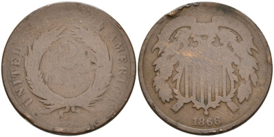 США 2 цента 1866 ЩИТ СОЮЗА KM 94 медь олово цинк 190-714