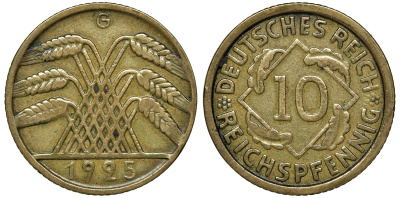 ГЕРМАНИЯ 10 РЕЙХСПФЕННИГОВ 1925 G KM 40, J.317 алюминиевая бронза 72-1551