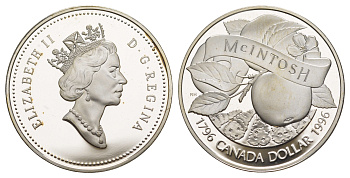 Канада 1 доллар 1996 Яблоки Макинтош KM 274 серебро PROOF 11-091-32