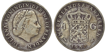 Нидерландские Антилы 1 гульден 1952 Юлиана (1948-1980) KM 2 серебро 36-815