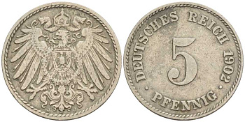 ГЕРМАНИЯ 5 ПФЕННИГОВ 1902 J KM 11, J. 12 медно-никель 100-651