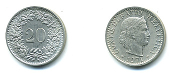 ШВЕЙЦАРИЯ 20 РАППЕНОВ 1971 KM 29а медно-никель 29-454