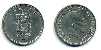 ДАНИЯ 1 КРОНА 1970 C; S, ФРЕДЕРИК IX (1947-1972) KM 851.1 медно-никель 56-543