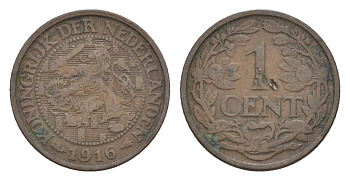 Нидерланды 1 цент 1916 Вильгельмина (1890-1948) KM 152 бронза 75-142