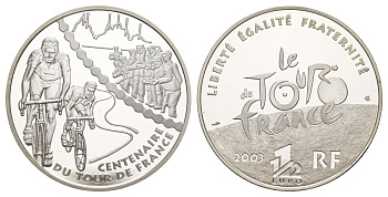 Франция 1 1/2 евро 2003 100 лет велогонкам Тур де Франс, два велосипедиста, в оригинальной коробке, сертификат KM 1323 серебро  PROOF  1-6-4-61