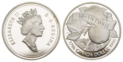 Канада 1 доллар 1996 Яблоки Макинтош KM 274 серебро PROOF 11-091-32