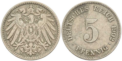 ГЕРМАНИЯ 5 ПФЕННИГОВ 1902 J KM 11, J. 12 медно-никель 100-651