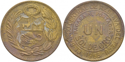 Перу 1 соль 1963 KM 222 латунь 00-00