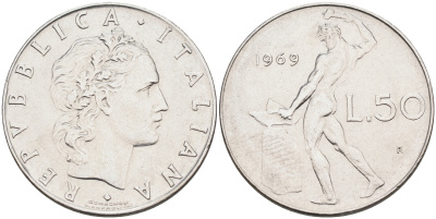 Италия 50 лир 1969 R, бог огня Вулкан у наковальни KM 95.1 нержавеющая сталь 4595-234