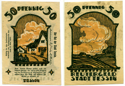 ТЕССИН 50 ПФЕННИГОВ 1922 ИЮЛЬ 1922 - 31 МАЯ 1922, НОТГЕЛЬД, ЗЕМЛЯ МЕКЛЕНБУРГ ВЕРХНЯЯ ПОМЕРАНИЯ Grabowski 1315.1 бумага 2193-11-3-2