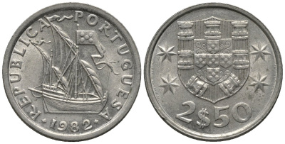 Португалия 2,5 эскудо 1982 парусник KM 590 медно-никель 4608-957