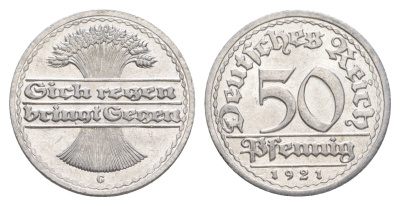 Германия 50 пфеннигов 1921 G KM 27, J. 301 алюминий aUNC 4646-1137