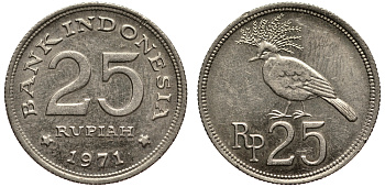 Индонезия 25 рупий 1971 венценосный голубь KM 34 медно-никель 4390-843