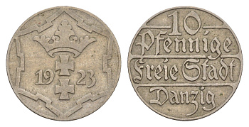 Данциг 10 пфеннигов 1923 год-тип KM 143 медно-никель 4658-829