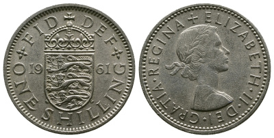 Великобритания 1 шиллинг 1961 Елизавета II (1952-2022), Английский герб KM 904, Spink 4147 медно-никель 4384-435